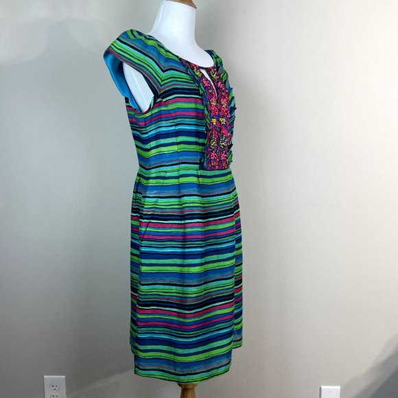 Nanette Lepore Dress 8 Blue Green Silk Linen Stripe Beaded Ruffle Mamacita Frock - Picture 14 of 14